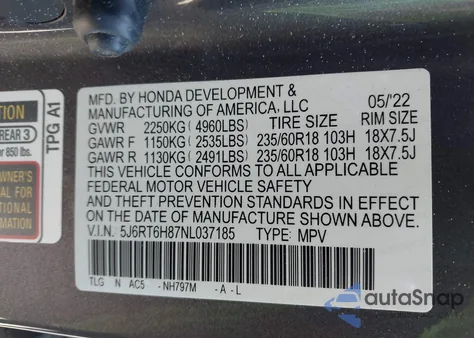 2022 Honda Cr-V Hybrid Ex-L z USA, uszkodzony, nr VIN 5J6RT6H87NL037185